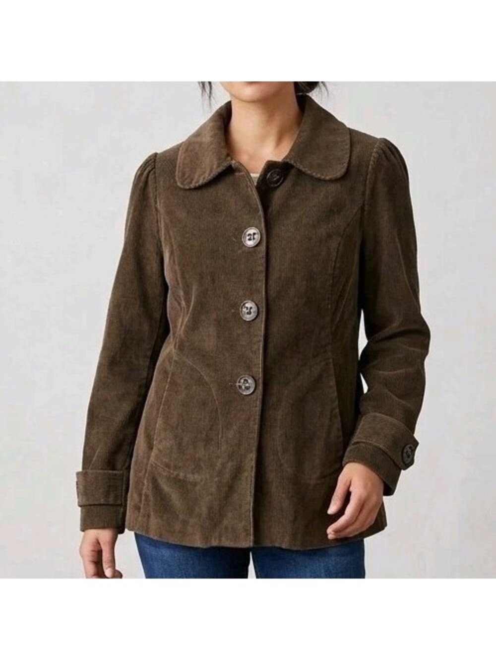 Vintage Style Black Rivet Corduroy Jacket Women Large Olive Green Button Down